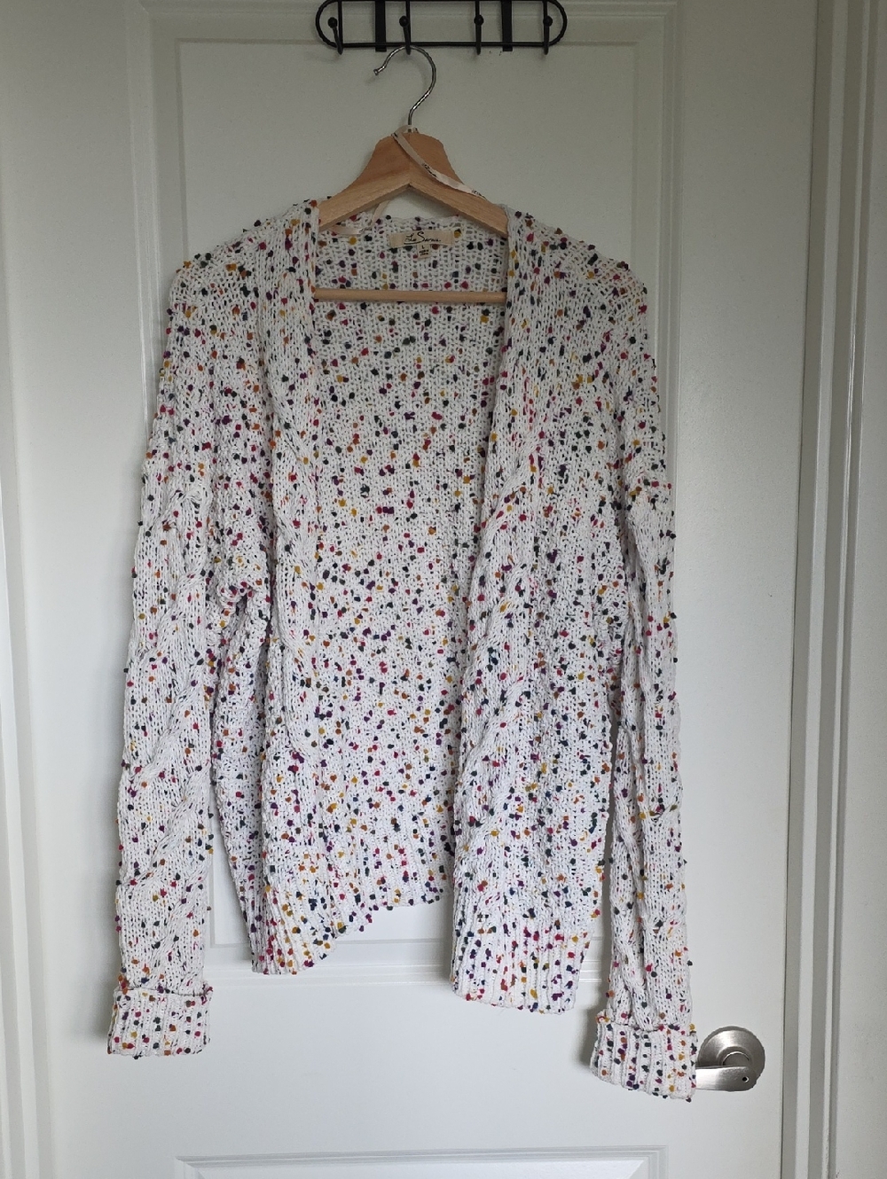 Open-Front White Speckled Knit Cardigan
